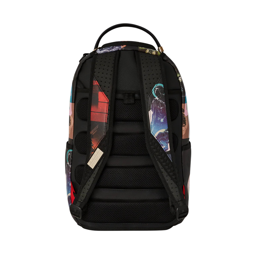 Sprayground Dune Collage Backpack featuring a vibrant, eclectic mix of patterns and designs inspired by desert landscapes.