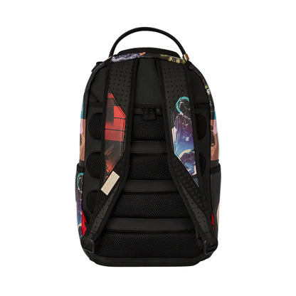 Sprayground Dune Collage Backpack featuring a vibrant, eclectic mix of patterns and designs inspired by desert landscapes.
