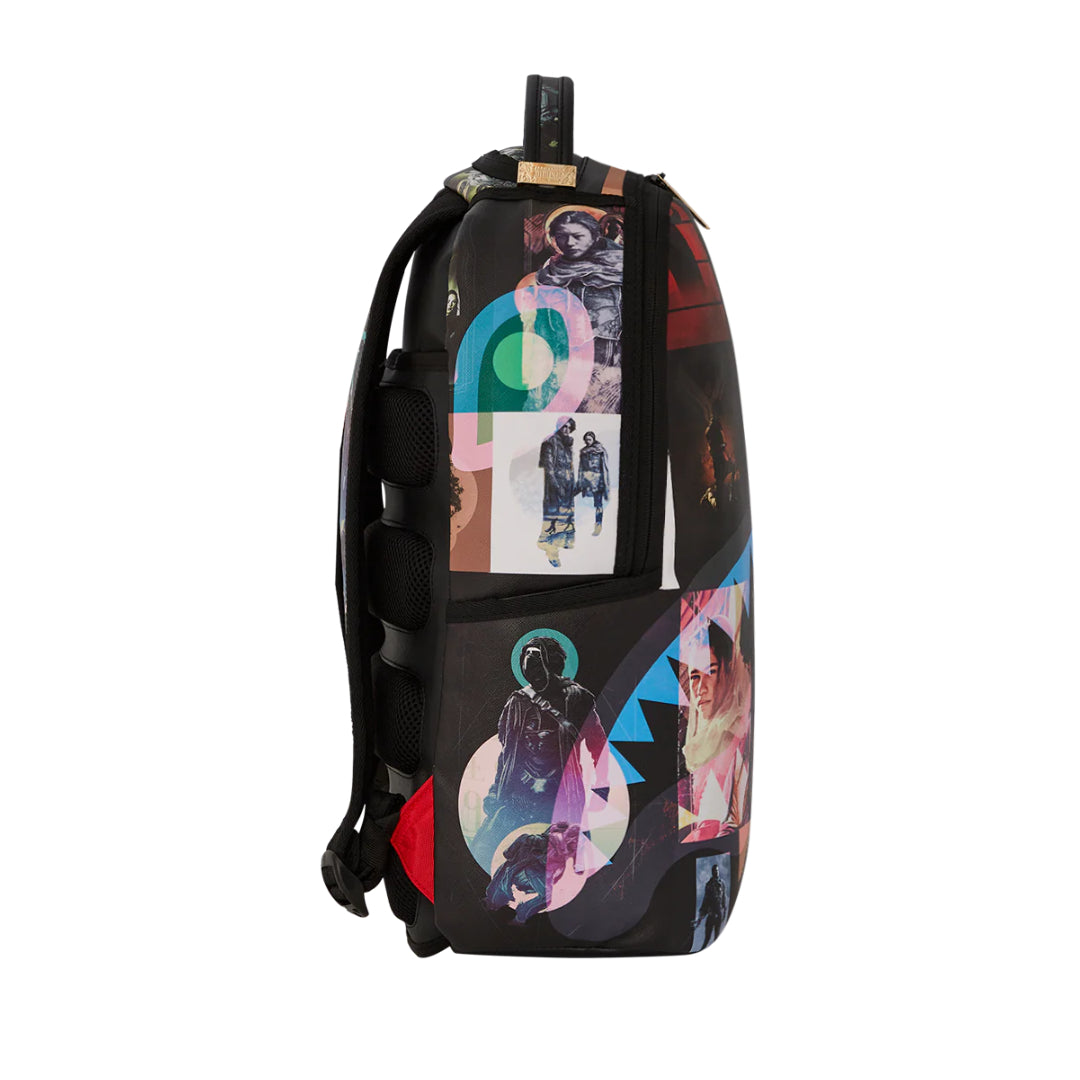 Sprayground Dune Collage Backpack featuring a vibrant, eclectic mix of patterns and designs inspired by desert landscapes.