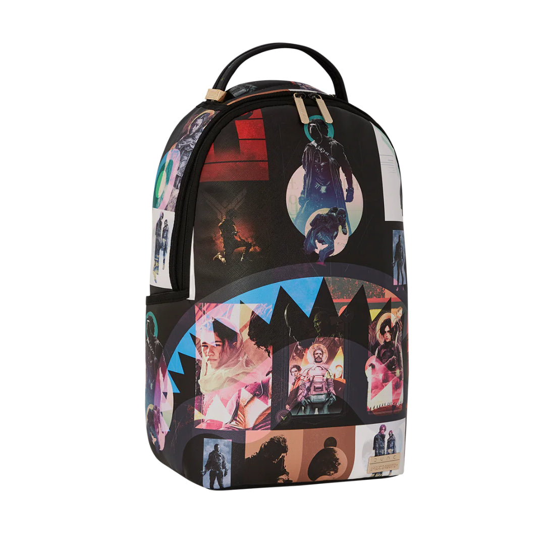Sprayground Dune Collage Backpack featuring a vibrant, eclectic mix of patterns and designs inspired by desert landscapes.
