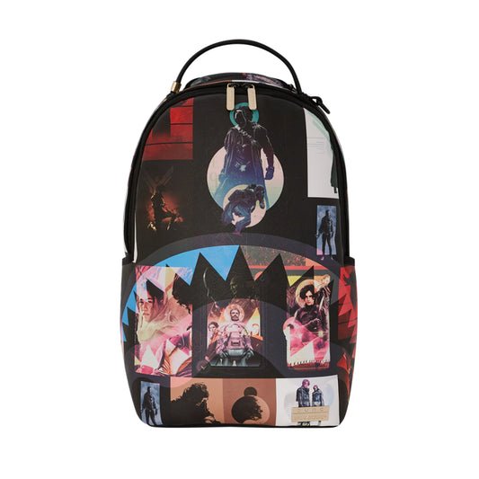 Sprayground Dune Collage Backpack featuring a vibrant, eclectic mix of patterns and designs inspired by desert landscapes.