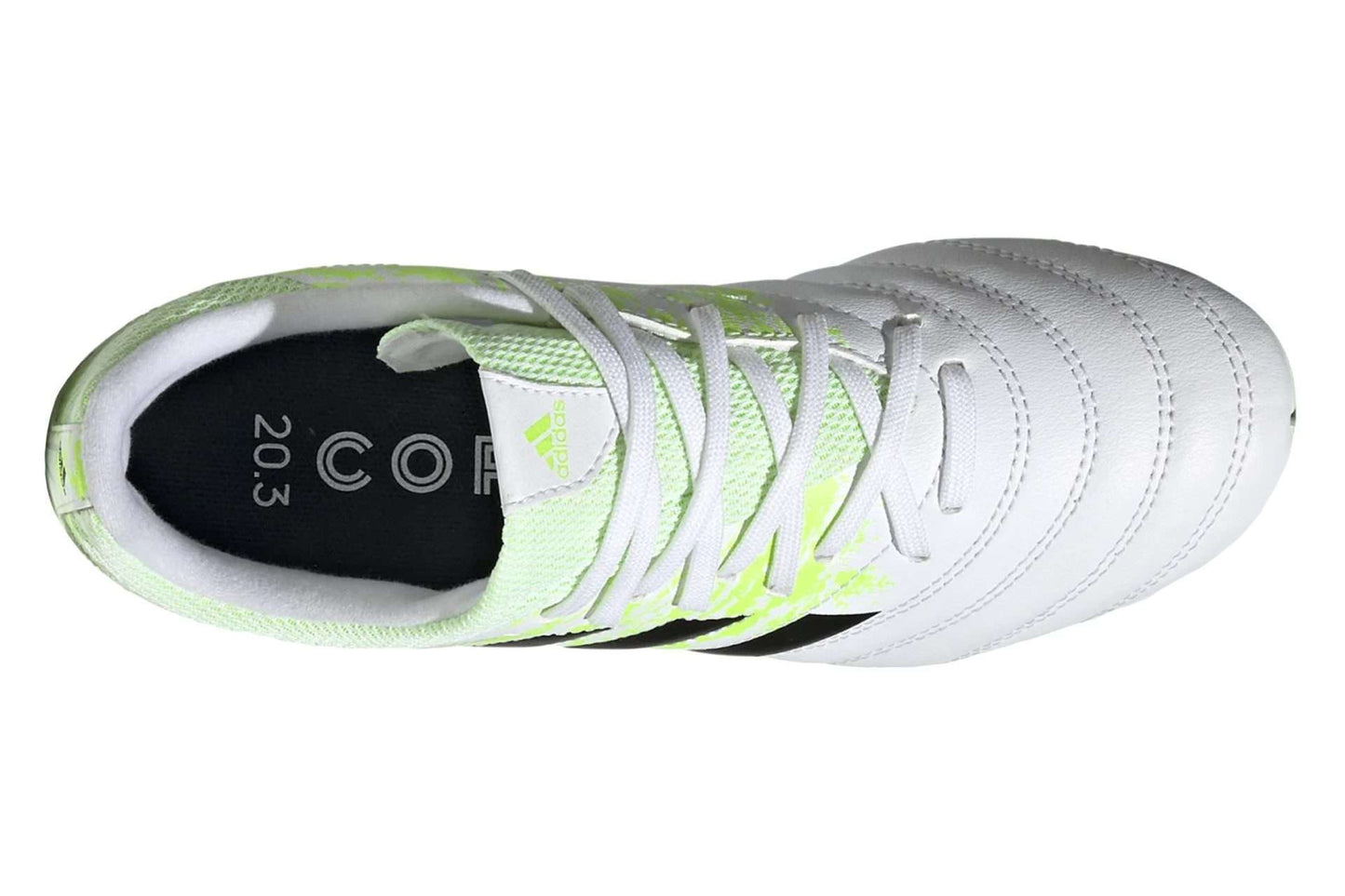 Adidas Kids Copa 20.3 Firm Ground Cleats (White / Black / Signal Green)
