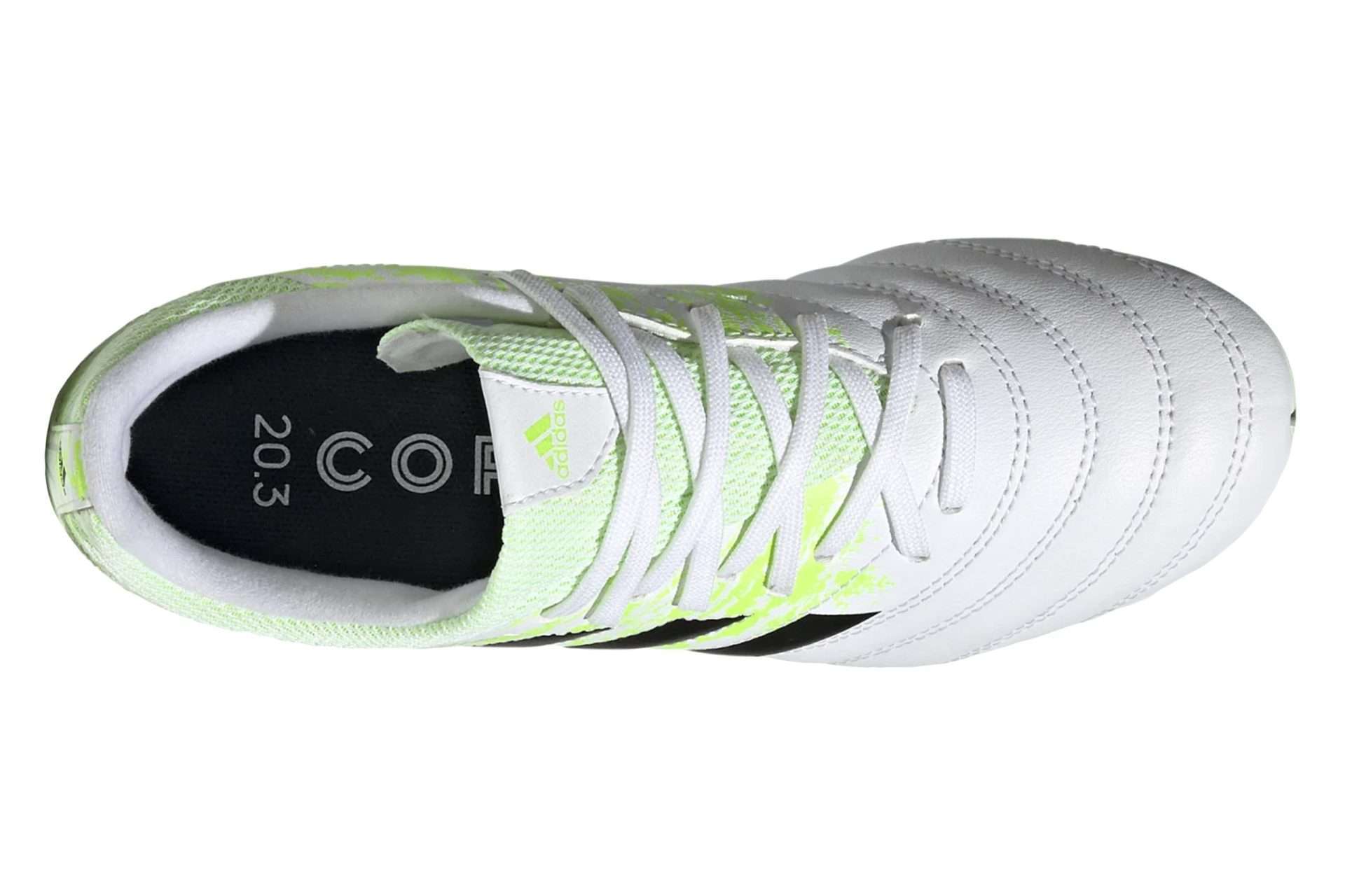 Adidas Kids Copa 20.3 Firm Ground Cleats (White / Black / Signal Green)