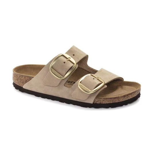 Birkenstock Arizona Big Buckle sandals with two wide straps and large metal buckles, featuring a contoured cork footbed for stylish everyday wear