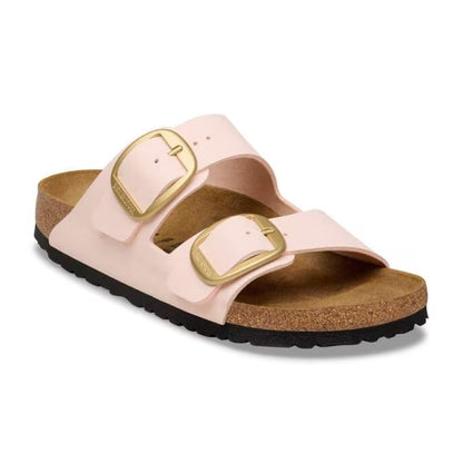 Birkenstock Arizona Big Buckle sandals with two wide straps and large metal buckles, featuring a contoured cork footbed for stylish everyday wear