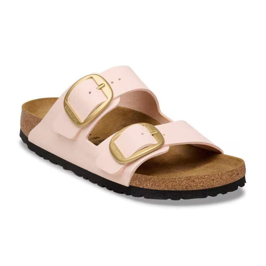 Birkenstock Arizona Big Buckle sandals with two wide straps and large metal buckles, featuring a contoured cork footbed for stylish everyday wear