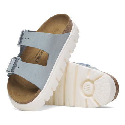 Two-strap platform sandals featuring adjustable buckles, a contoured cork-latex footbed, suede lining, chunky EVA outsole, and a modern slip-on design for everyday comfort