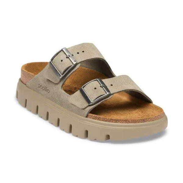 Two-strap platform sandals featuring adjustable buckles, a contoured cork-latex footbed, suede lining, chunky EVA outsole, and a modern slip-on design for everyday comfort