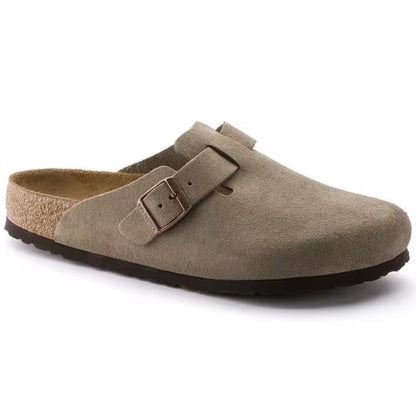 Women wearing Birkenstock Boston Soft Footbed clogs, closed-toe suede slip-on shoes with buckle strap and cushioned cork footbed, styled for casual everyday wear.