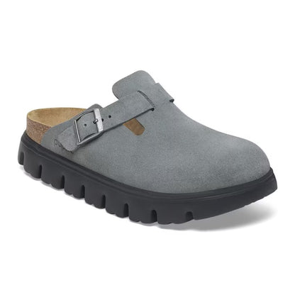 Birkenstock Boston PAP Chunky clog in suede with an oversized chunky sole and adjustable buckle strap, blending classic comfort with bold modern style.