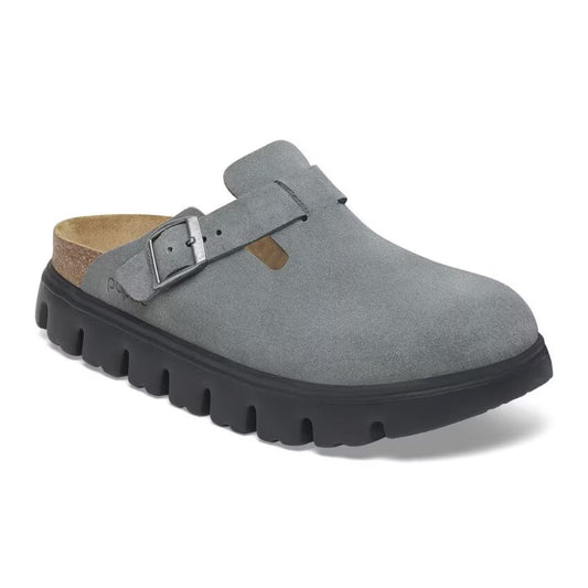 Birkenstock Boston PAP Chunky clog in suede with an oversized chunky sole and adjustable buckle strap, blending classic comfort with bold modern style.