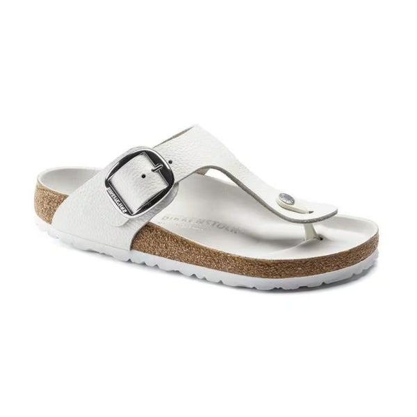 Birkenstock Gizeh Big Buckle sandals featuring a thong-style strap with a large metal buckle and contoured cork footbed, styled for chic summer wear