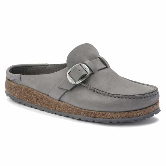 Women’s nubuck leather clog featuring a slip-on design, adjustable buckle strap, contoured cork-latex footbed, and casual everyday styling