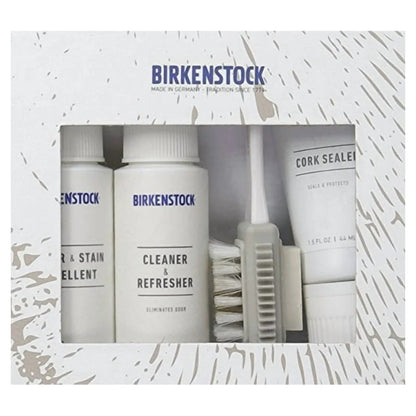 Birkenstock deluxe shoe care kit including cleaning solution, brushes, and accessories designed for maintaining leather and suede footwear.
