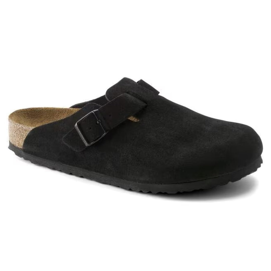 Women wearing Birkenstock Boston Soft Footbed clogs, closed-toe suede slip-on shoes with buckle strap and cushioned cork footbed, styled for casual everyday wear.