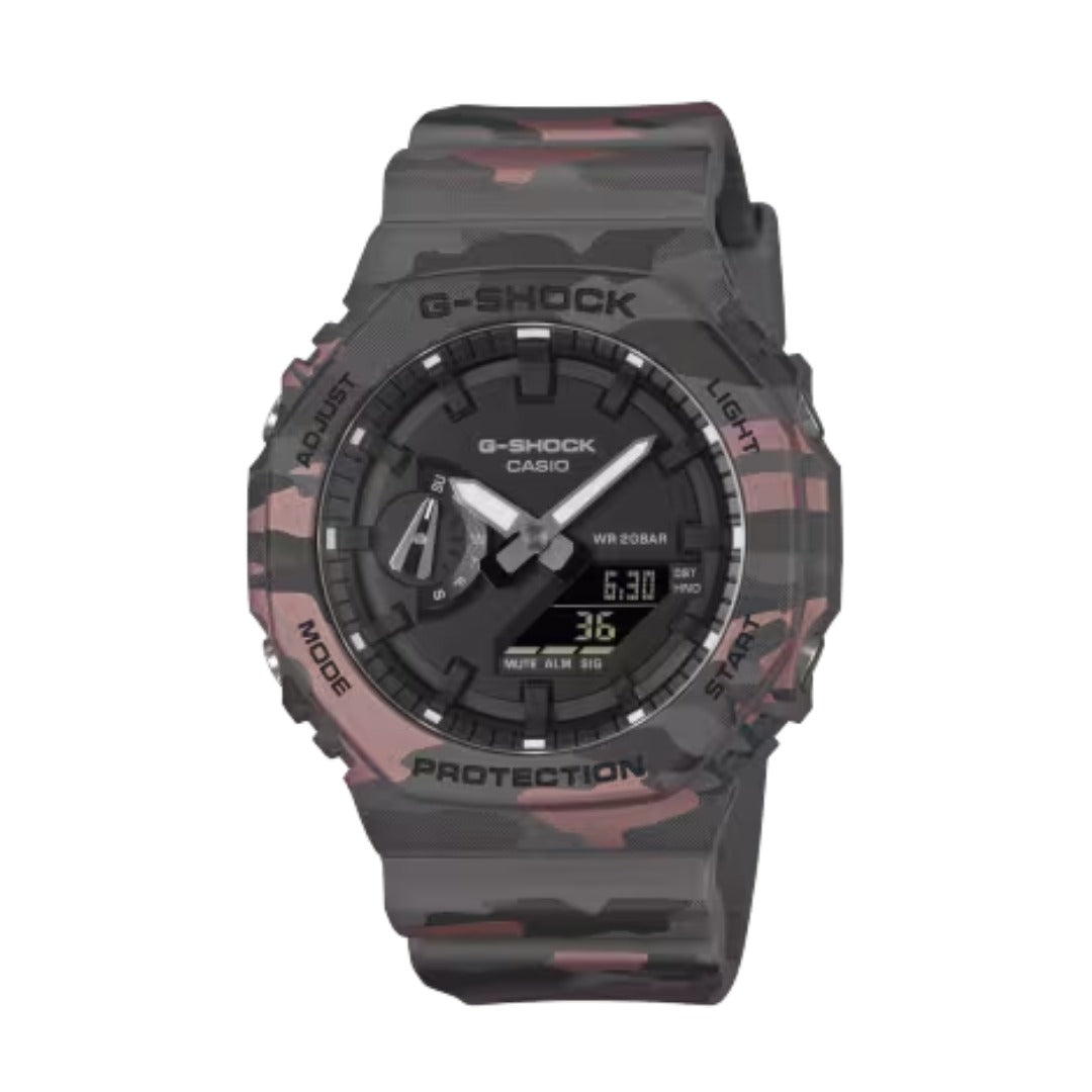 Men’s analog-digital wristwatch featuring a grey camouflage-patterned dial, black hands, octagonal bezel, bio-based resin strap, and rugged outdoor-inspired design