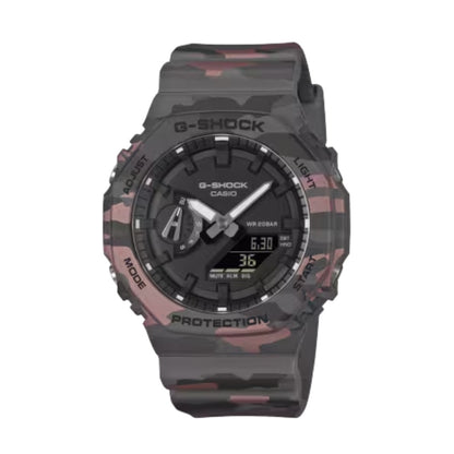 Men’s analog-digital wristwatch featuring a grey camouflage-patterned dial, black hands, octagonal bezel, bio-based resin strap, and rugged outdoor-inspired design