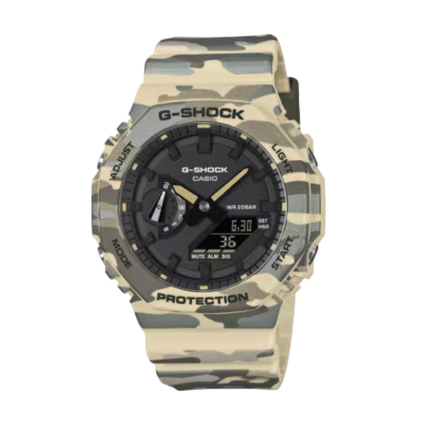 Men’s analog-digital wristwatch featuring a grey camouflage-patterned dial, black hands, octagonal bezel, bio-based resin strap, and rugged outdoor-inspired design