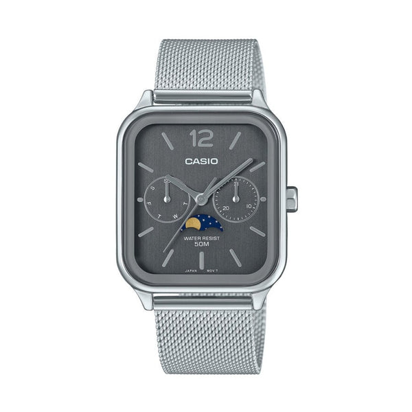 Analog wristwatch featuring a grey dial, moon phase display, stainless steel mesh bracelet, multiple sub-dials, and a classic rectangular case design