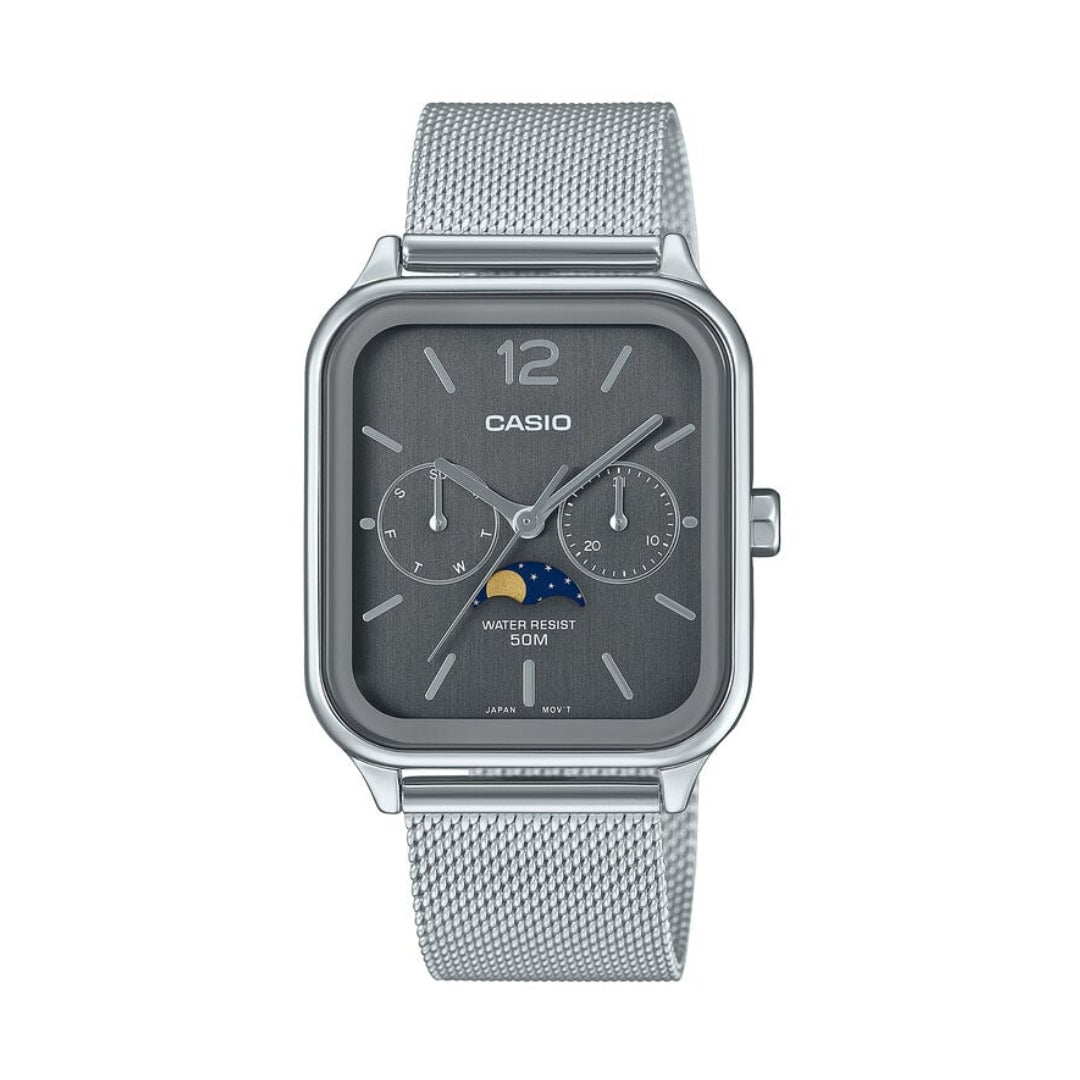 Analog wristwatch featuring a grey dial, moon phase display, stainless steel mesh bracelet, multiple sub-dials, and a classic rectangular case design