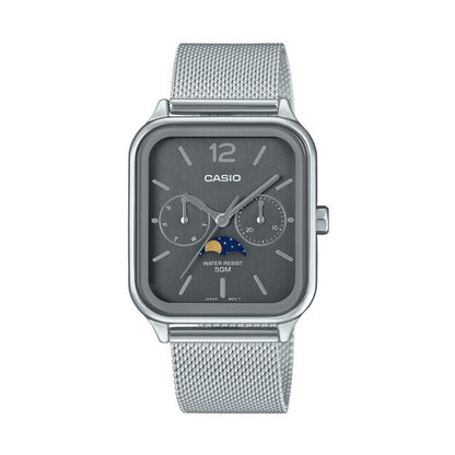 Analog wristwatch featuring a grey dial, moon phase display, stainless steel mesh bracelet, multiple sub-dials, and a classic rectangular case design