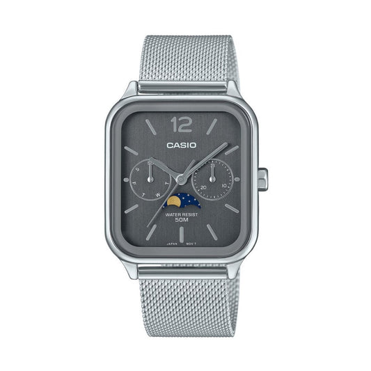 Analog wristwatch featuring a grey dial, moon phase display, stainless steel mesh bracelet, multiple sub-dials, and a classic rectangular case design