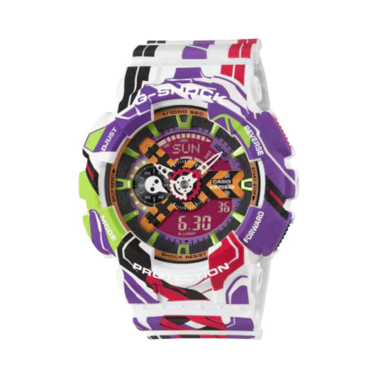 Casio G-Shock GA110EVA307A Evangelion 30th Anniversary Watch with purple, green, and red Unit-01 color scheme and analog-digital display.