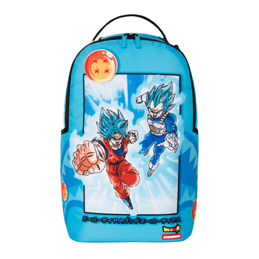 SPRAYGROUND Dragon Ball Z Backpack featuring Super Saiyan Blue Goku and Vegeta in a dynamic anime graphic on a bold black background with blue energy effects.









