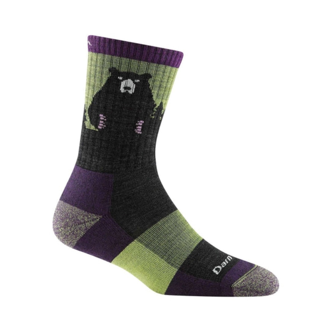Women’s lightweight micro crew hiking socks featuring merino wool construction, cushioned trail comfort, and bear-themed outdoor styling for hiking and everyday adventures