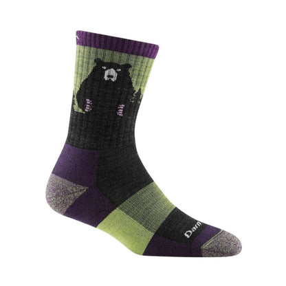 Women’s lightweight micro crew hiking socks featuring merino wool construction, cushioned trail comfort, and bear-themed outdoor styling for hiking and everyday adventures