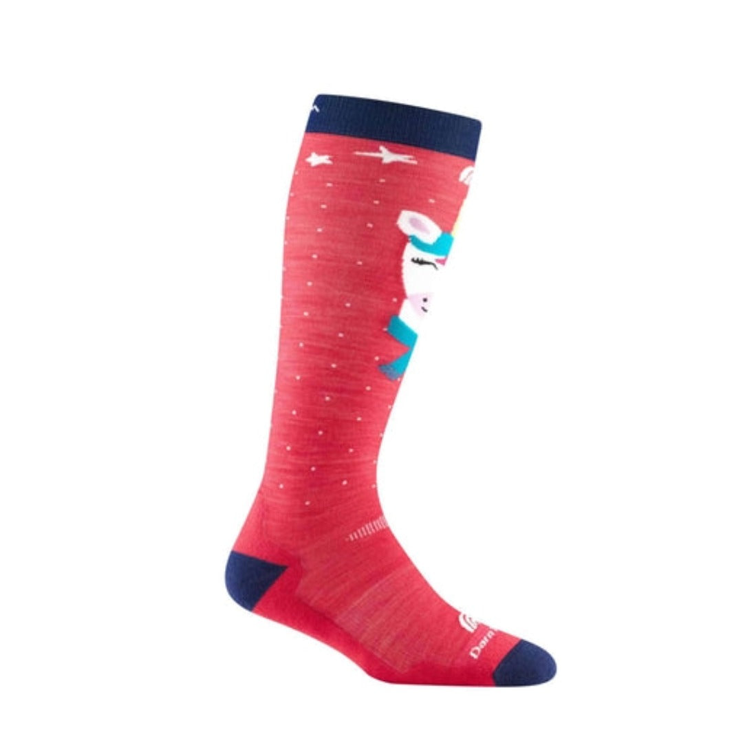 Kids over-the-calf ski and snowboard socks featuring midweight merino wool construction, cushioned winter comfort, and colorful mountain-inspired styling for snow activities