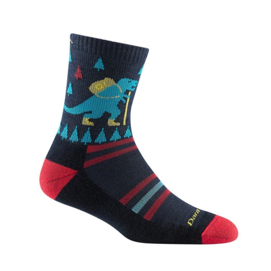 Kids micro crew hiking socks featuring lightweight merino wool construction, cushioned trail comfort, and colorful dinosaur-themed outdoor styling for active adventures