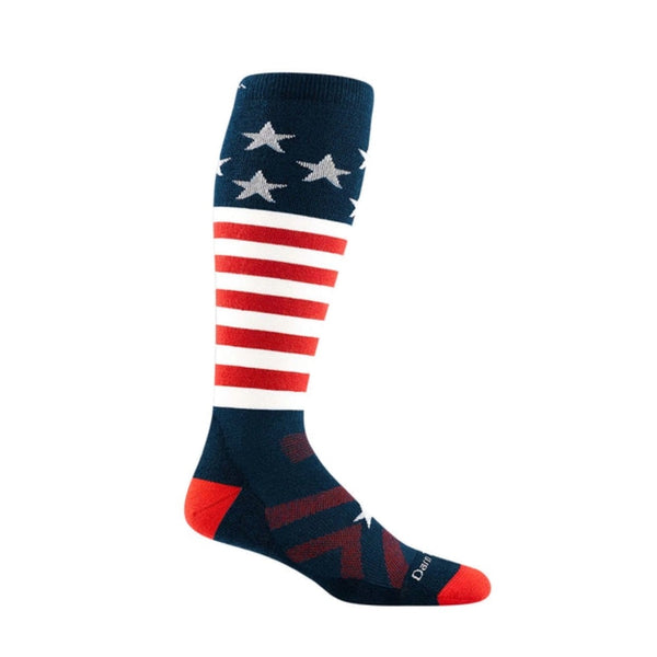 Men’s over-the-calf ski and snowboard socks featuring midweight merino wool construction, cushioned winter comfort, and striped performance styling for mountain activities