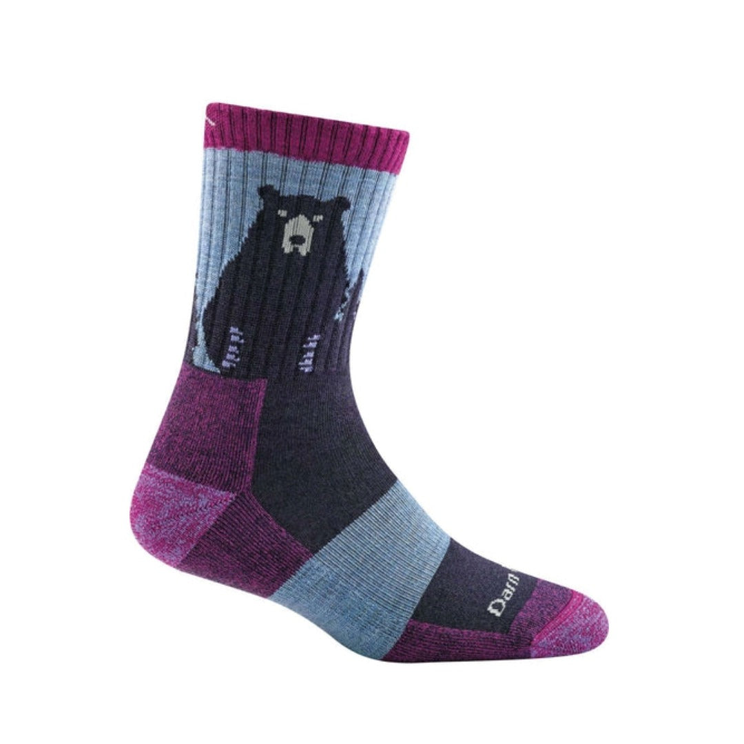Women’s lightweight micro crew hiking socks featuring merino wool construction, cushioned trail comfort, and bear-themed outdoor styling for hiking and everyday adventures