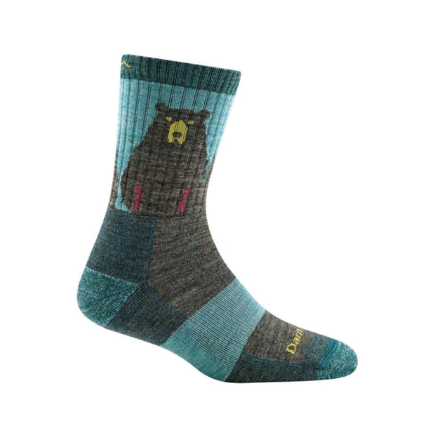 Women’s lightweight micro crew hiking socks featuring merino wool construction, cushioned trail comfort, and bear-themed outdoor styling for hiking and everyday adventures