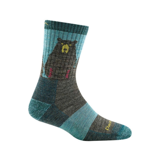 Women’s lightweight micro crew hiking socks featuring merino wool construction, cushioned trail comfort, and bear-themed outdoor styling for hiking and everyday adventures