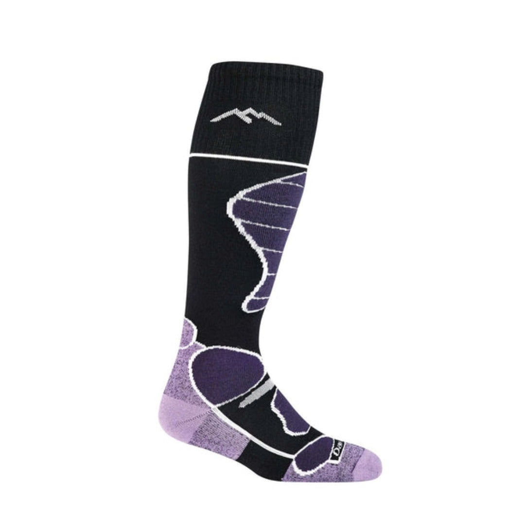 Women’s over-the-calf snow socks featuring midweight merino wool construction, targeted cushioning, padded shin protection, and performance ski styling for snowboarding and winter sports
