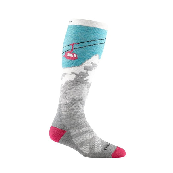 Women’s over-the-calf skiing socks featuring cushioned merino wool construction, winter performance comfort, and Yeti-inspired styling for skiing and snowboarding activities