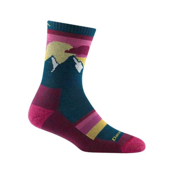 Women’s lightweight micro crew hiking socks featuring breathable merino wool construction, cushioned trail comfort, and colorful outdoor-inspired styling for hiking adventures