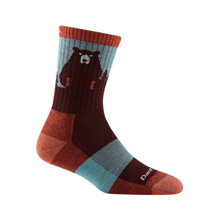 Women’s lightweight micro crew hiking socks featuring merino wool construction, cushioned trail comfort, and bear-themed outdoor styling for hiking and everyday adventures