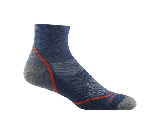 Men’s lightweight quarter hiking socks featuring breathable merino wool construction, light cushioned comfort, and durable outdoor trail styling for hiking and active wear