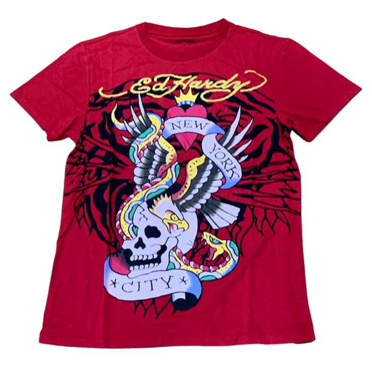 Ed Hardy NYC Skull Eagle Red T-Shirt - Bold and Edgy Design with NYC Skull Eagle Graphic