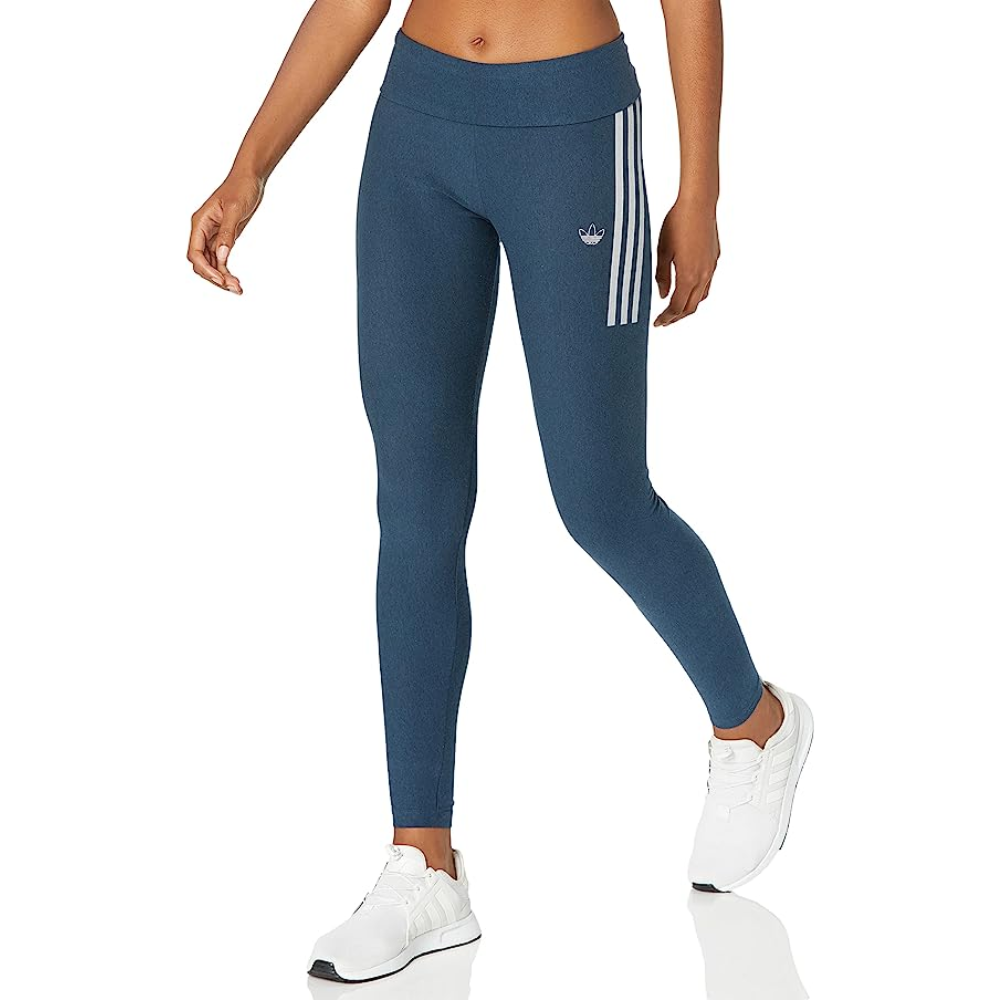 Adidas Originals leggings in Crew Navy and White color, featuring high rise design, adidas 3-Stripes, and the Trefoil logo on the hip.