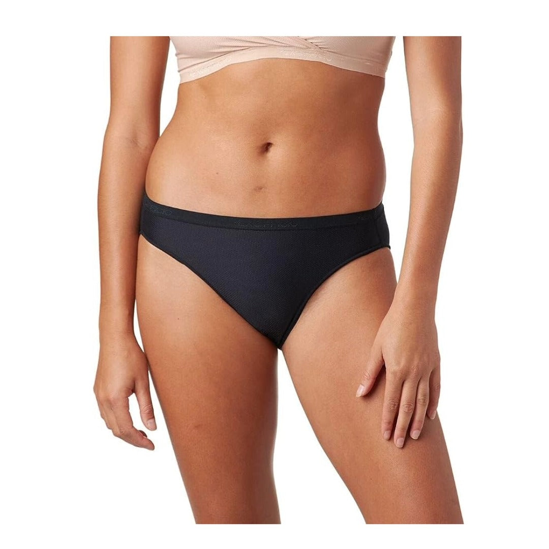 Women’s bikini brief underwear featuring lightweight moisture-wicking fabric, breathable stretch construction, a soft elastic waistband, and a comfortable low-rise fit for everyday wear and travel