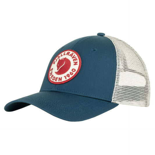 Fjällräven trucker cap with 1960 logo patch, featuring a structured front panel, breathable mesh back, and adjustable snap closure for casual outdoor wear