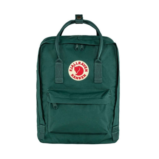 Fjällräven Kånken backpack with a classic boxy shape, featuring top handles, adjustable shoulder straps, front zip pocket, and durable fabric for everyday use.