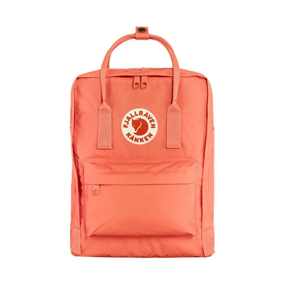 Fjällräven Kånken backpack with a classic boxy shape, featuring top handles, adjustable shoulder straps, front zip pocket, and durable fabric for everyday use