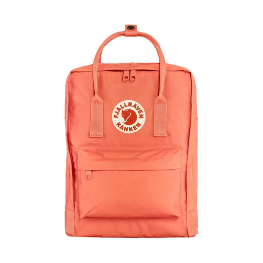 Fjällräven Kånken backpack with a classic boxy shape, featuring top handles, adjustable shoulder straps, front zip pocket, and durable fabric for everyday use