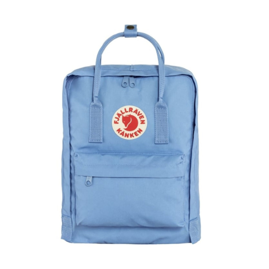 Fjällräven Kånken backpack with a classic boxy shape, featuring top handles, adjustable shoulder straps, front zip pocket, and durable fabric for everyday use