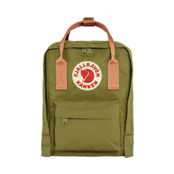 Fjällräven Kånken backpack with a classic boxy silhouette, featuring top handles, adjustable shoulder straps, front zip pocket, and durable fabric for everyday use